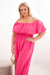 Dámský overal plus size s odhalenými rameny, volánem a širokými nohavicemi růžový UNI