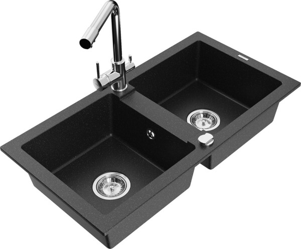 MEXEN/S - Mario granitový dřez 2-bowl včetně baterie Duero, černá/stříbrná metalik 6504-73-671600-00