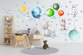 DumDekorace Nálepky do dětského pokoje zajíčci s barevnými balóny