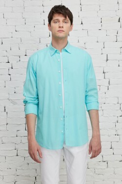 AC&Co Altınyıldız Classics Men's Turquoise Comfort Fit Relaxed Cut Concealed Button Collar 100% Cotton Flamed Shirt