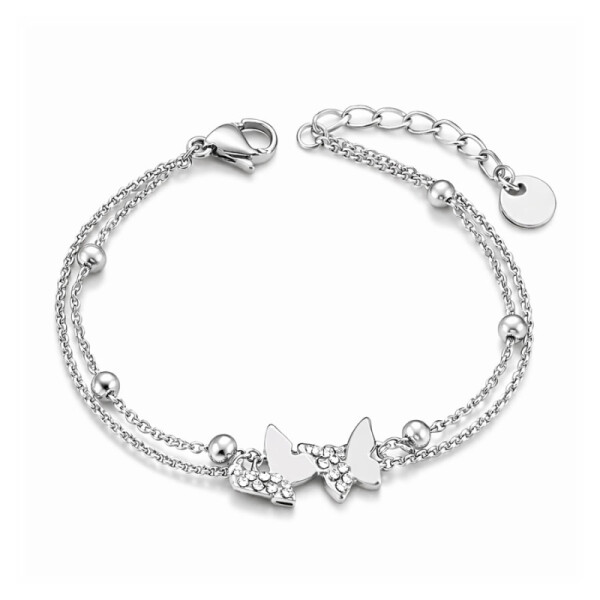 Náramek s motýlky Lou - chirurgická ocel, Stříbrná 17 cm + 3 cm (prodloužení)