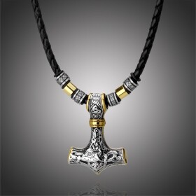 Pánský náhrdelník Thórovo kladivo - MJOLNIR - kůže, chirurgická ocel, Černá 50 cm