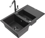 MEXEN/S - Gaspar granitový dřez 1.5 s odkapávačem včetně baterie Flora, černá kropenatá 6507-76-670401-08-B