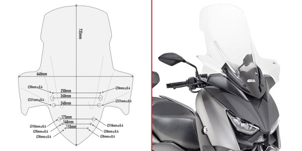 D2136St plexi čiré Yamaha X-Max 300 (17-22)/400 (18-21), vxš735x640 mm, o 205 mm vyšší než orig.