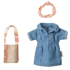 Maileg Šaty s kabelkou a čelenkou pro myšky Maileg Mum Mouse, modrá barva, textil
