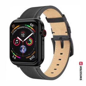 SWISSTEN Kožený řemínek pro Apple Watch 42/44/45/49mm černá / černá spona a černé poutko (46000811)