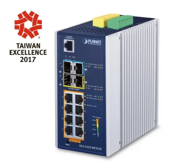 Planet IGS-5225-8P2S2X / Switch průmyslový / L2+ / 8x Gigabit PoE+ 802.3at / 2x SFP+ / DIN lišta / IP30 (IGS-5225-8P2S2X)