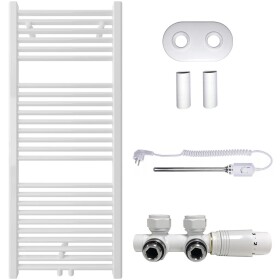 CERANO Koupelnový radiátorový set Lincoln - kombinované výtápění, termo tyč - středové připojení 50 mm - 300W - bílá lesklá - 1200x500 mm