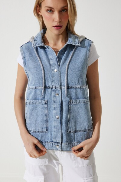 Happiness İstanbul Women's Medium Blue Hooded Wide Pocket Denim Vest