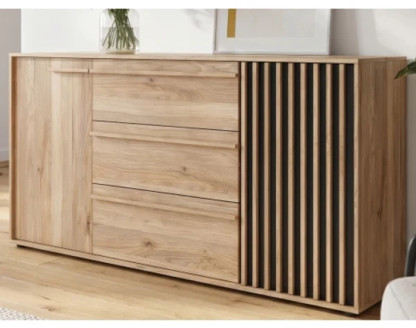 Široká komoda Arank 163 cm, dub mauvella/černá