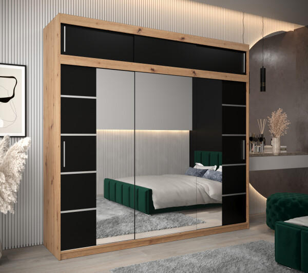 Šatní skříň Abi V4 s nástavcem Barva korpusu: Dub artisan, Rozměry: 250 cm, Dveře: Černá
