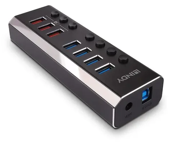 Lindy USB 3.0 hub 4 porty černá / USB hub / 3x rychlonabíjecí port / Quick Charge 3.0 / s napájecím adaptérem (43371)