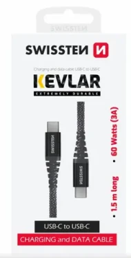SWISSTEN KEVLAR datový kabel USB-C 1.5m šedá / 60W / 3A / 1x USB-C(M) / 1x USB-C(M) (71542010)