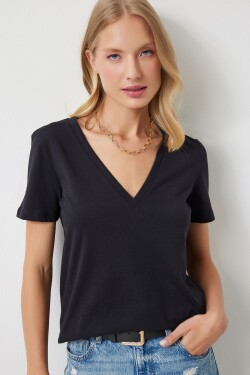 Happiness İstanbul Women's Black V-Neck Basic Knitted T-Shirt