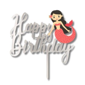 Plastový zápich do dortu Cesil Happy Birthday s mořskou pannou stříbrný