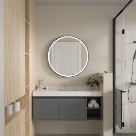 Erga Olivia, kulaté LED zrcadlo 80cm, černý kovový rám, 1840 lm, 6500K, přední osvětlení, ERG-V01-202-8080-BK