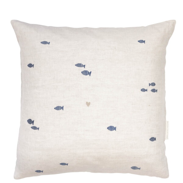 Bastion Collections Lněný povlak na polštář Naturel / Fish in blue 60 × 60 cm, přírodní barva, textil