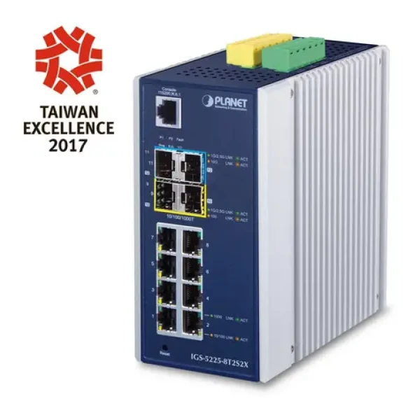 Planet IGS-5225-8T2S2X / Switch průmyslový / L3 / 8x RJ-45 1Gb / 2x SFP / 2x SFP+ / DIN / -40 až 75°C (IGS-5225-8T2S2X)