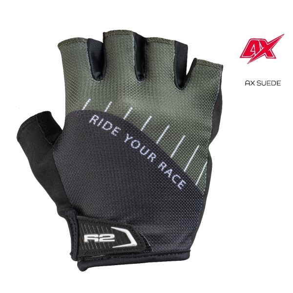 CYKLISTICKÉ RUKAVICE R2 VOUK ATR19X, barva černá/khaki zelená, vel. XL (dlaň z materiálu AX SUEDE)
