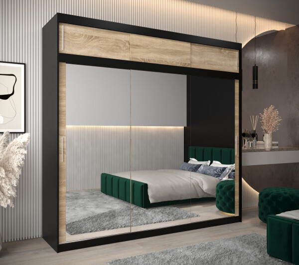 Šatní skříň Abi T3 s nástavcem Barva korpusu: Černá, Rozměry: 250 cm, Dveře: Dub - sonoma