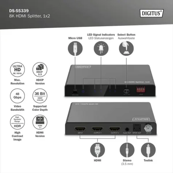 Digitus DS-55339 černá / Rozbočovač / HDMI 1x2 / 8K 60Hz / Downscaling / HDMI 2.1 (DS-55339)