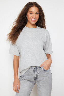 Trendyol šedý melírovaný 100% bavlněný dámský volný pletený tričko kulatým výstřihem