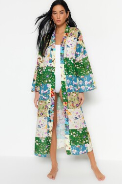 Trendyol květinový vzor páskem maxi tkaný 100% bavlněný kimono kaftan