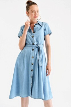 Bigdart 1677 Džínové šaty s knoflíkovým pásem v pase po celé délce - modré