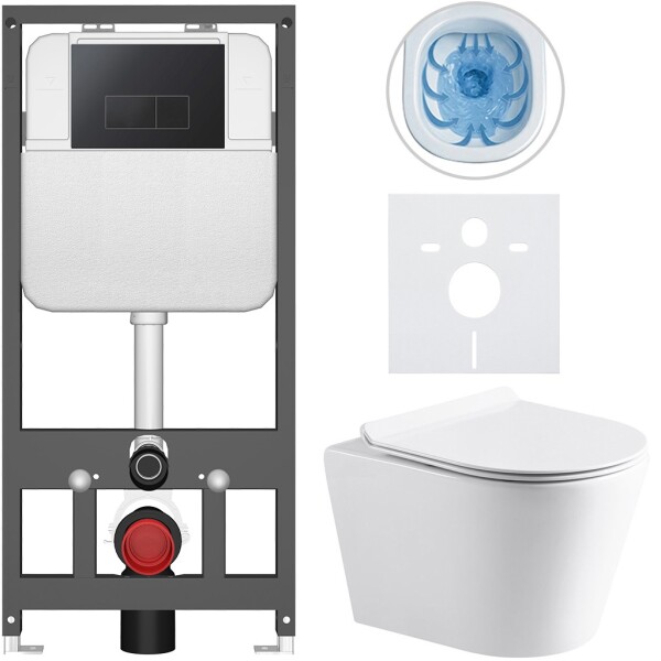 CERANO Kompletní WC set Basic/Carlito - bílá lesklá - WC tlačítko Modulo/Černá - závěsné - předstěnová instalace - 48,5x36,5 cm