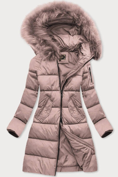 Dlouhá dámská zimní prošívaná bunda ve starorůžové barvě s kapucí (7751BIG) odstíny růžové 50