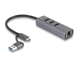 DeLock 3 Port USB 5 Gbps + Gigabit LAN šedá / USB hub / USB-C / 3× USB-A 5 Gbps / 1× RJ-45 / 0,2 m (64282)