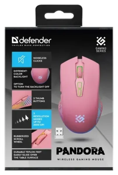 Defender Pandora růžová / Bezdrátová optická myš / 3200 DPI / 7 tlačítek / USB přijímač (52501)