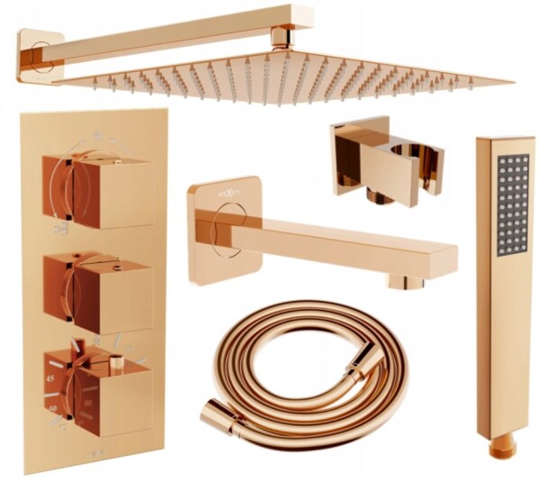 MEXEN/S - Cube DR02 podomítkový vanový SET s vytokovou hubicí + slim sprcha 25, růžové zlato 77503DR0225-60
