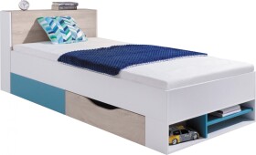 FRONTI Postel PLANET PL14 Bílá lux + dub + námořní modrá