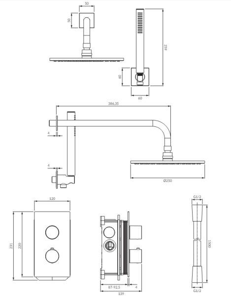 OMNIRES - CONTOUR termostatický sprchový podomítkový systém, kartáčovaná měď SYSCT11CPB