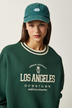 Happiness İstanbul Women's Green Embroidered Rose Gold Knitted Sweatshirt