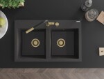 MEXEN/S - Hektor granitový dřez 2-bowl 800 x 480 mm, černá kropenatá, zlatý sifon 6521802000-76-G