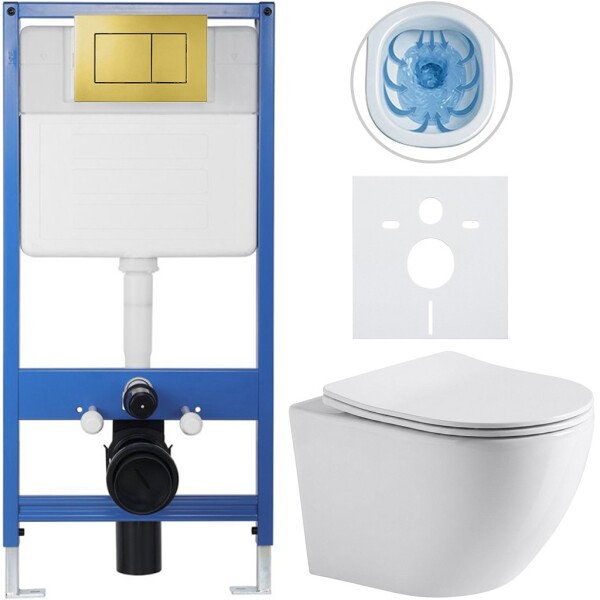 CERANO Kompletní podomítkový WC set Lite/Cesso - bílá lesklá - WC tlačítko Classic, zlatá - předstěnová instalace/sádrokarton - 49x36 cm - 128482