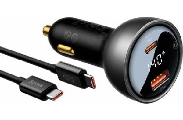 Autonabíječka BASEUS / nabíjecí sada - USB + USB-C - 140W rychlé nabíjení - kabel USB-C / USB-C 1m - šedá