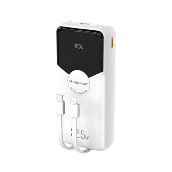 Wozinsky WFC-15W 20000mAh bílá / Powerbanka / vestavěné kabely Lightning a USB-C / 22,5W / PD20W
