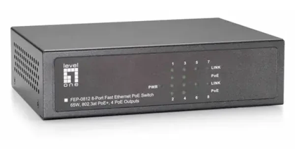 LevelOne PoE+ switch 8x FE / Switch / 4x PoE+ + 4x FE / 65 W / kovové tělo / Rack 19” (FEP-0812)