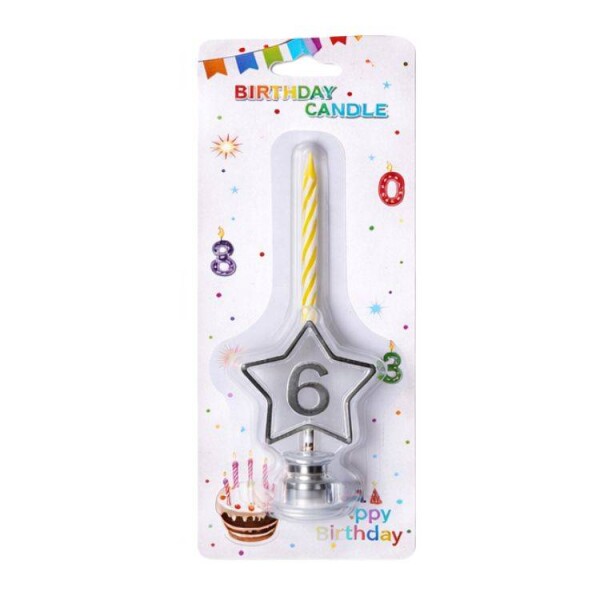 Dortisimo Svíčka žlutá s LED stříbrným podstavcem ve tvaru hvězdy číslo 6