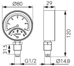 NOVASERVIS - Termomanometr 80mm 1/2" RADIÁLNÍ 0-6bar 120°C TM80R