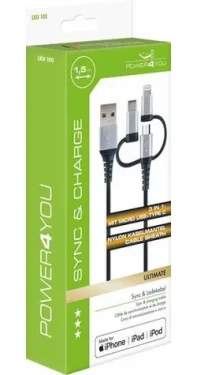 Schwaiger 3-in-1 černo-stříbrná / Nabíjecí kabel / USB-A na Micro-USB, Lightning, USB-C / 1,5 m / 3 A (LKU100533)