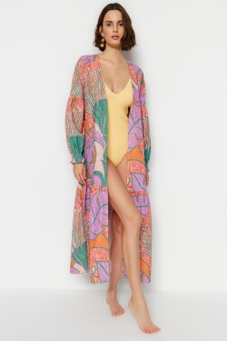 Trendyol Tropický vzor s páskem Maxi tkaný balónový rukáv 100% bavlněný lněný vzhled kimono & kaftan