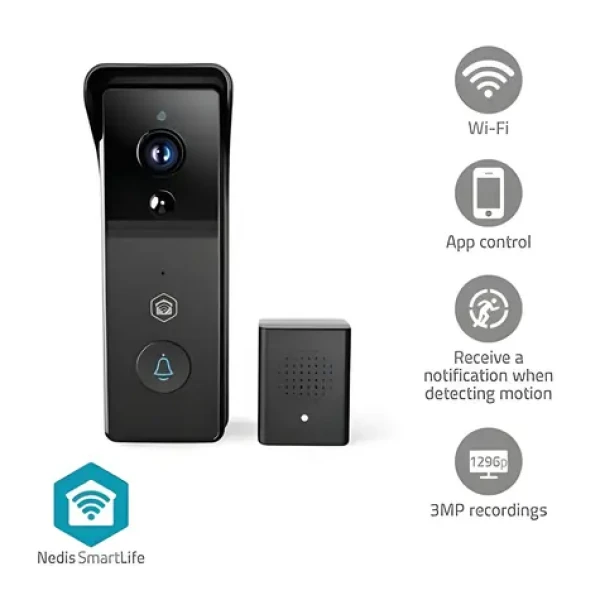 Nedis WIFICDP21BK černá / Chytrý dveřní videotelefon / Wi-Fi / SmartLife / 3MP 1296p / IP54 / baterie 4400 mAh / microSD (WIFICDP21BK)