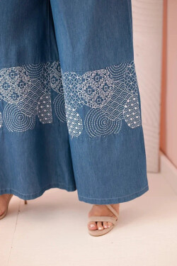 Dámské kalhoty Plus Size se širokými nohavicemi a etnickou výšivkou džínové UNI