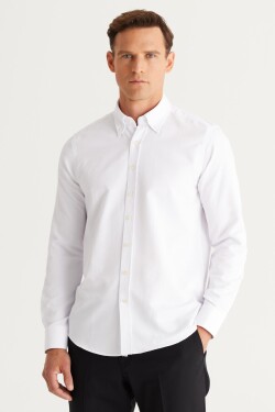 AC&Co Altınyıldız Classics Men's White Slim Fit Slim-fit Oxford Long Button Down Collar Dobby Shirt