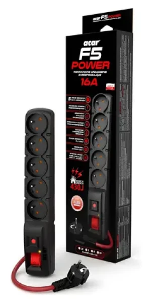 Acar F5 5m černá / Prodlužovací přívod / přepěťová ochrana / 5 zásuvek / 16A / 2300 W (ppacarf5-5power)