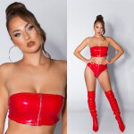 Sexy Koucla Latexový vzhled bandeau topu se zipem NEONPINK S